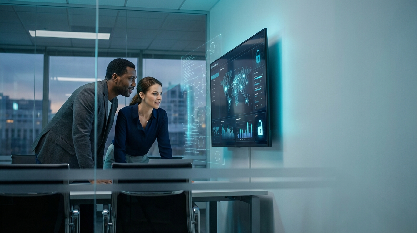 Cybersecurity professionals analyzing security dashboard