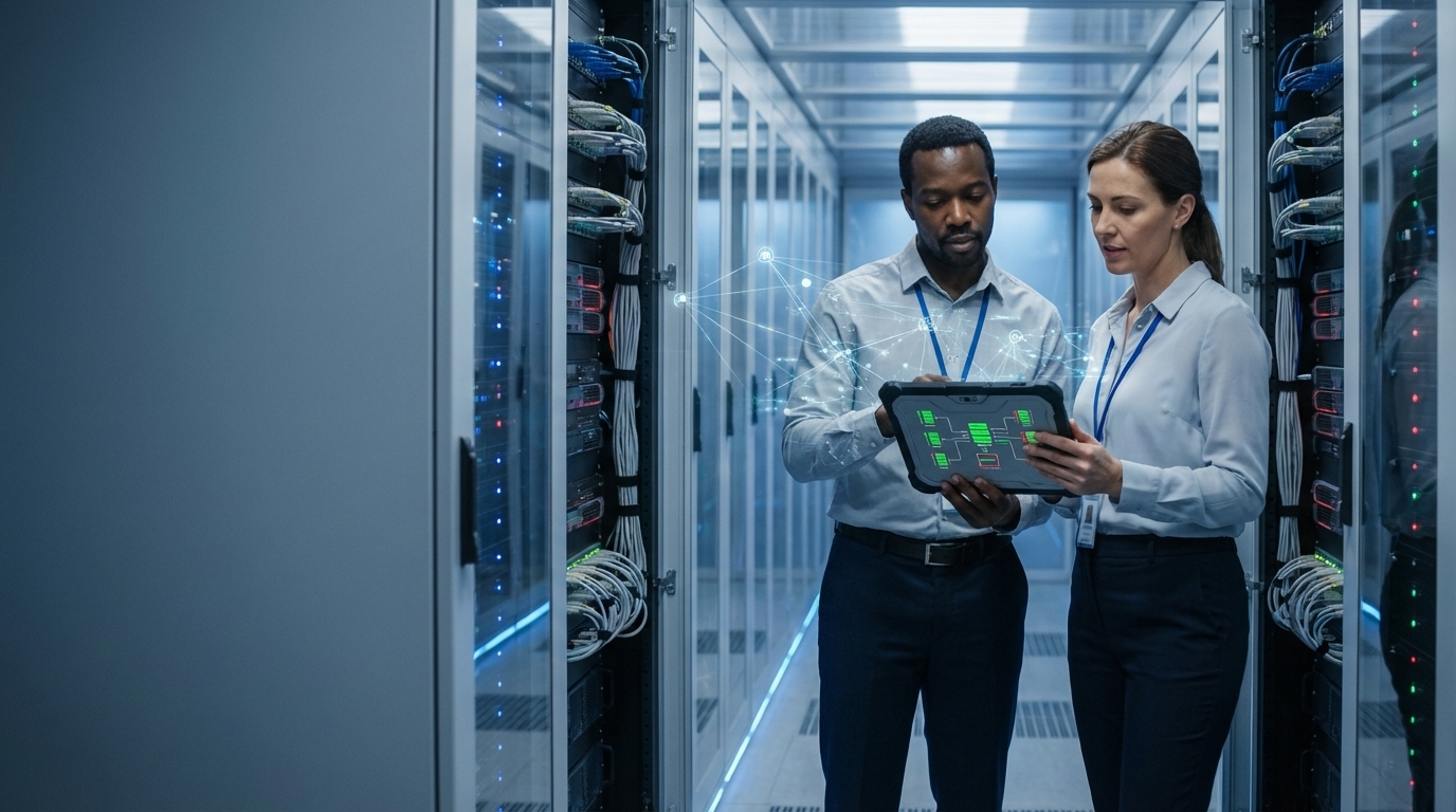 IT professionals managing servers in a data center