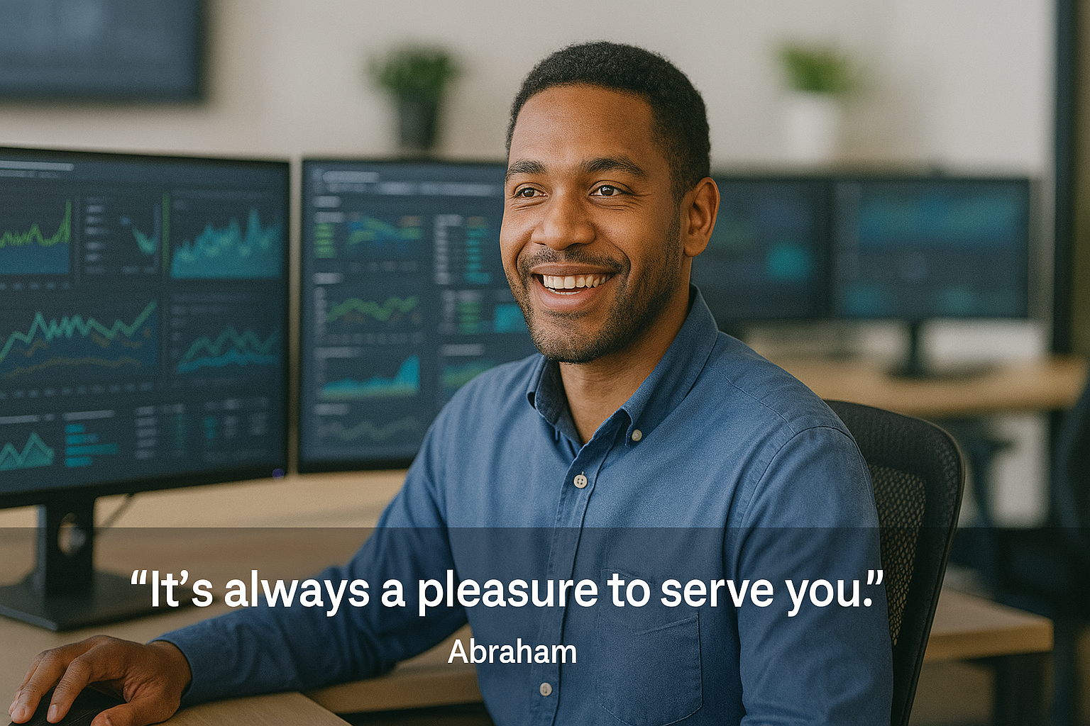IT professional with monitoring dashboards and the quote 'It's always a pleasure to serve you.' - Abraham