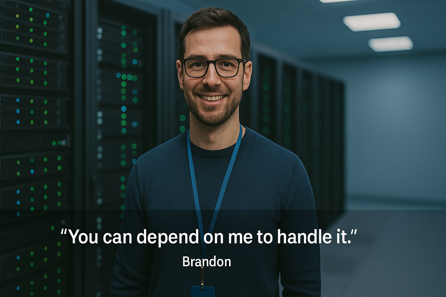 IT professional in server room with the quote 'You can depend on me to handle it.' - Brandon