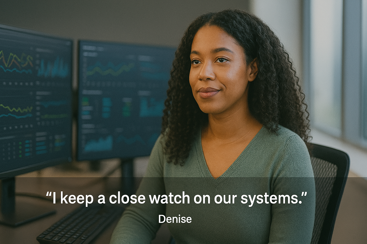 IT professional monitoring systems with the quote 'I keep a close watch on our systems.' - Denise